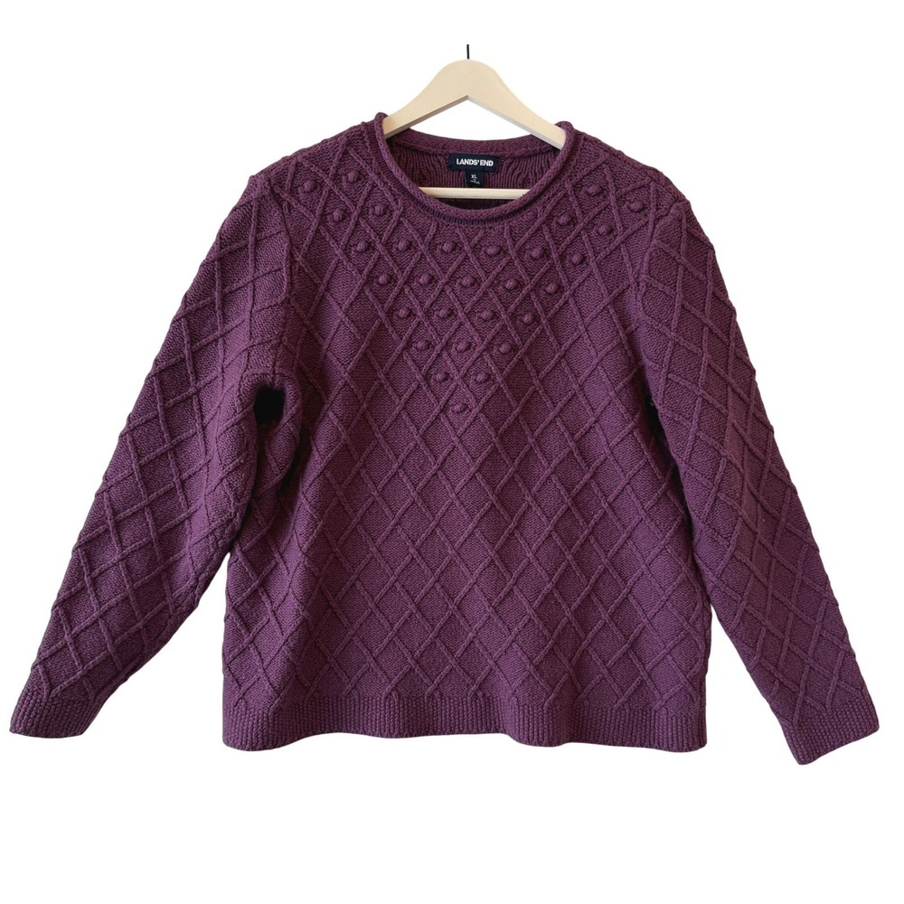 Lands End Women's‎ Purple Diamond Cable Knit Pullover Sweater XL Cottagecore - Picture 2 of 5